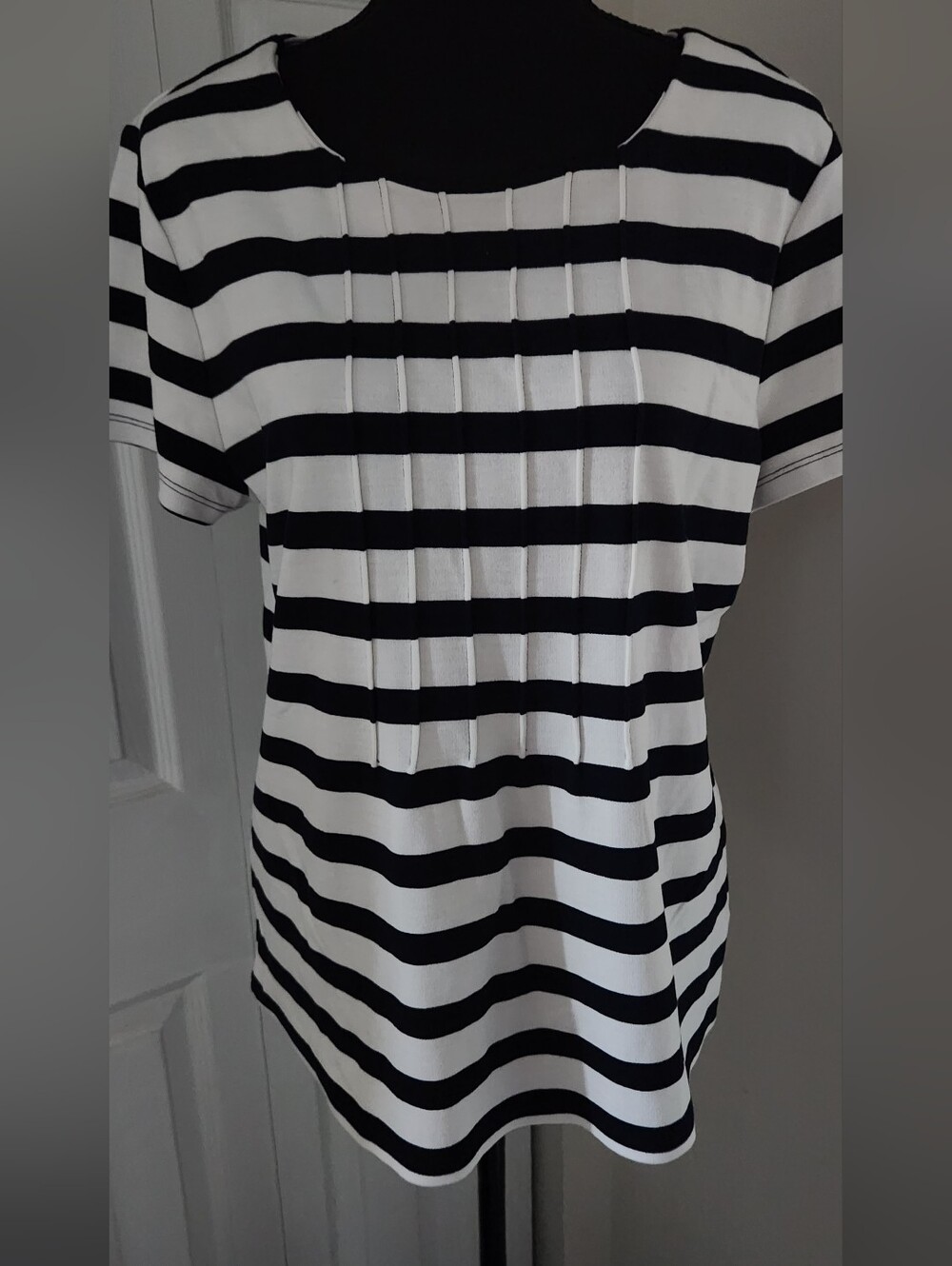 Talbots Black & White Striped Short-Sleeve Tee with Front Pintuck Detail